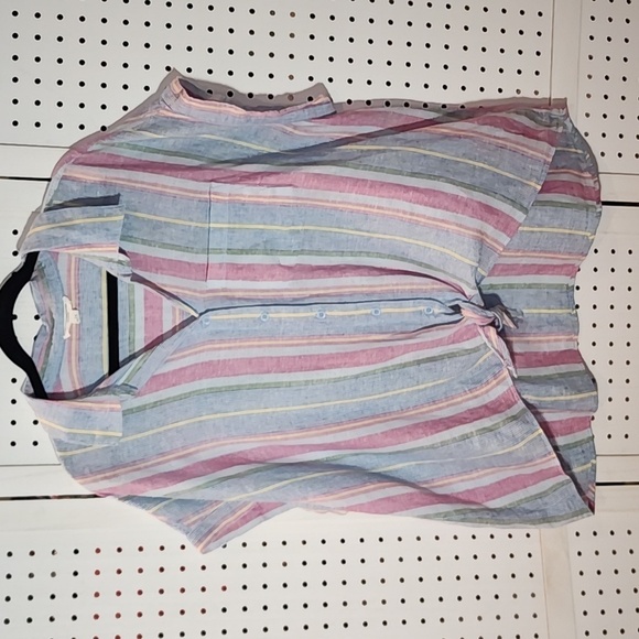 Beach Lunch Lounge Linen Blend 1x Stripped Lightweight Top Tie Front Coastal - Picture 1 of 7